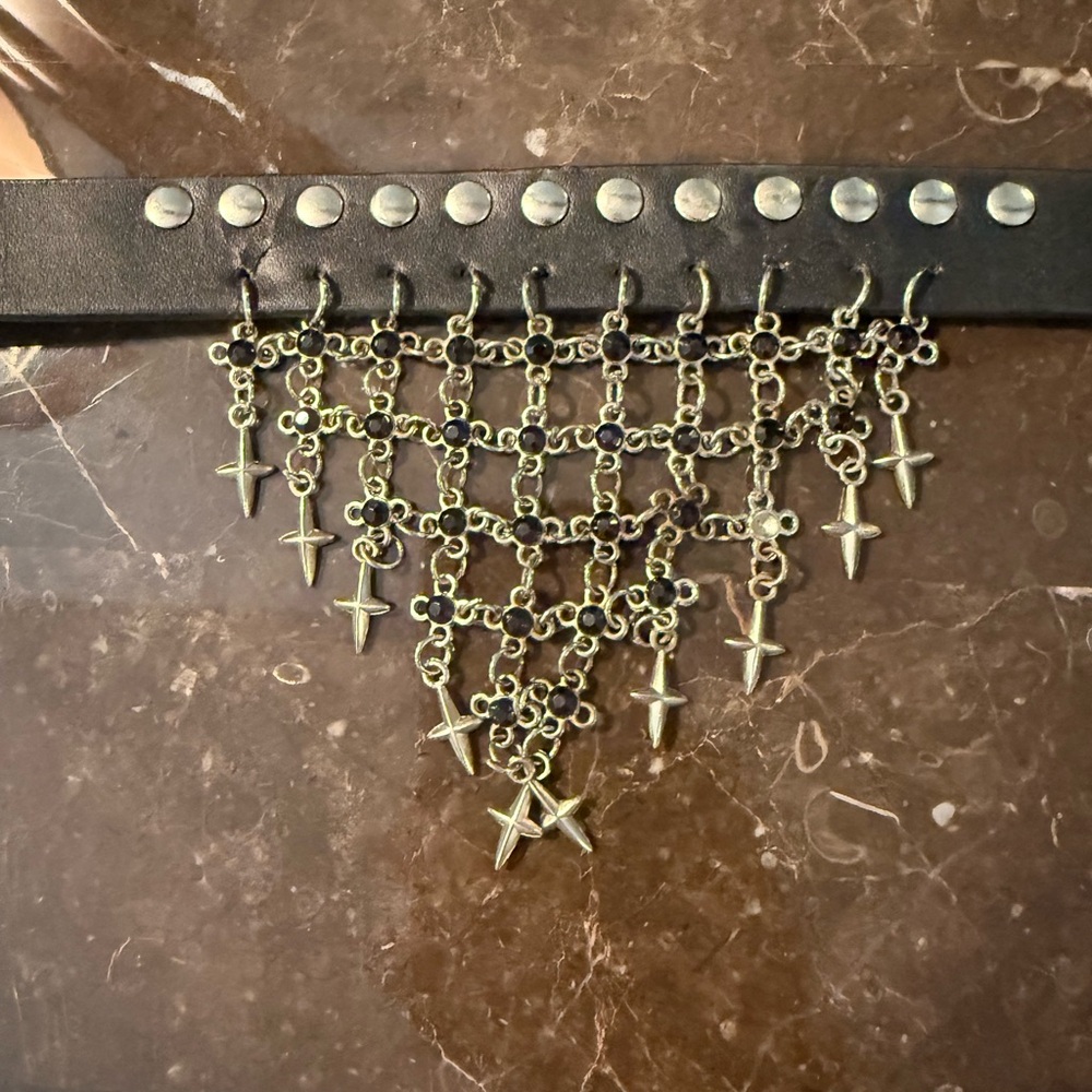 Black Leather Belt with Silver Cross Chain